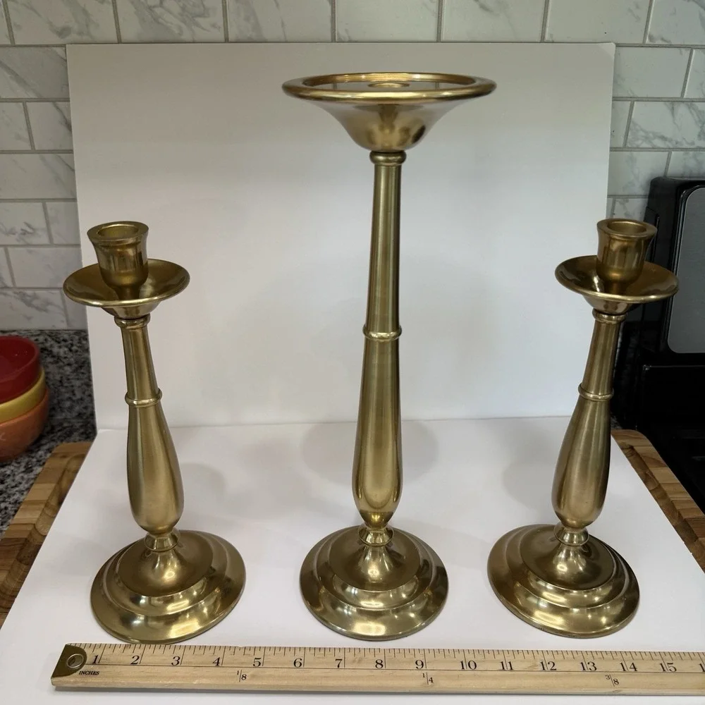 Pottery Barn Arlington Heavy Brass Candlesticks / Pillar Candle Holders Set of 3